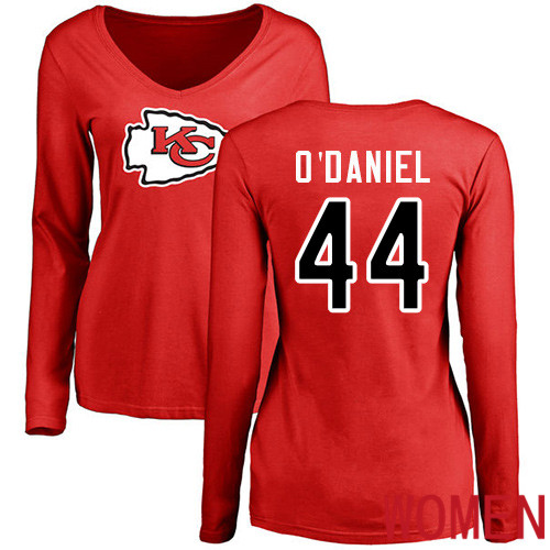 Women Kansas City Chiefs #44 ODaniel Dorian Red Name and Number Logo Slim Fit Long Sleeve NFL T Shirt